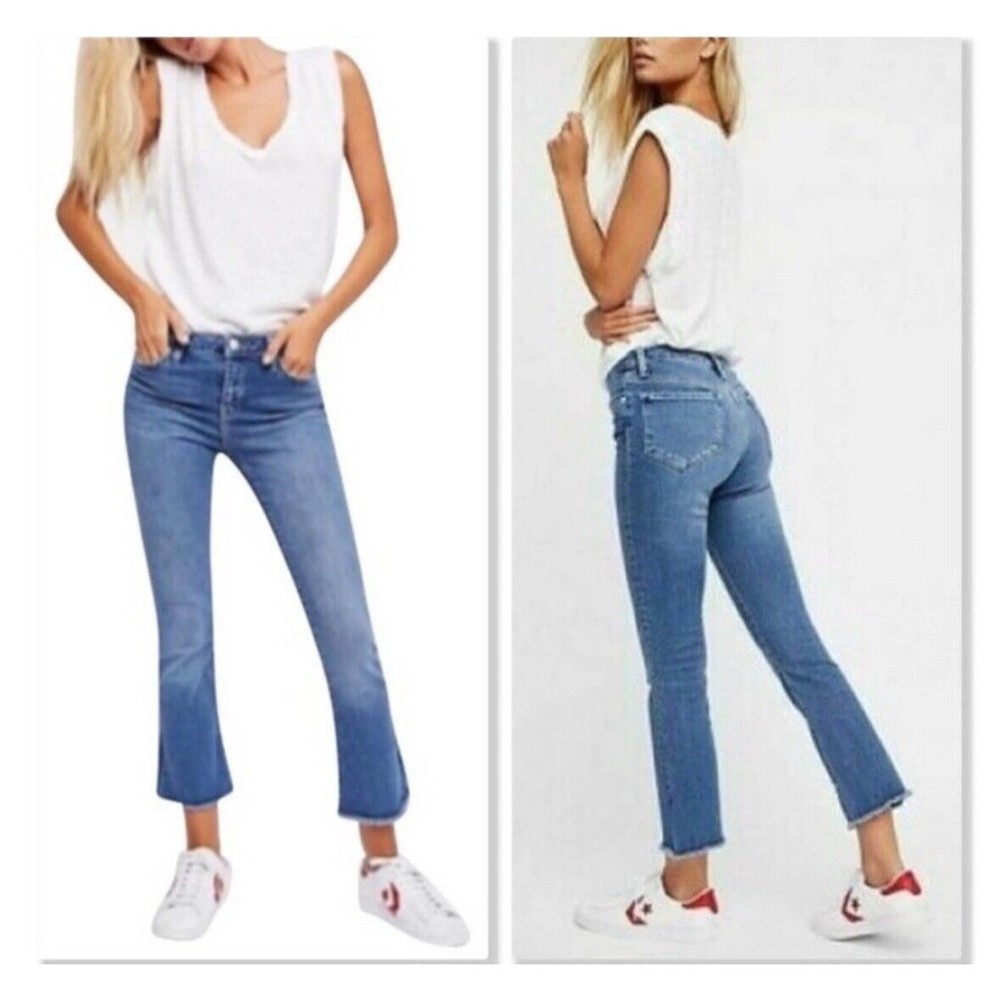 Free People Jeans Women's High Waist Crop Raw Hem Straight Leg Denim Size 26